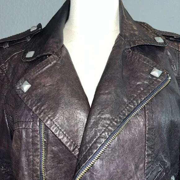 Y - INN GENUINE LEATHER CHOCOLATE BROWN LEATHER MOTO JACKET - STUDDED - EU 48 - Picture 2 of 14